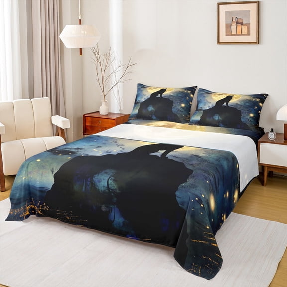 Feelyou Rustic Tribal Wolf Twin Sheet Sets, Mystic Moon Galaxy Twin Fitted Sheet, Teens Kids Boys Girls Flat Sheet, Ultra Soft Bedroom Decor, 3-Piece