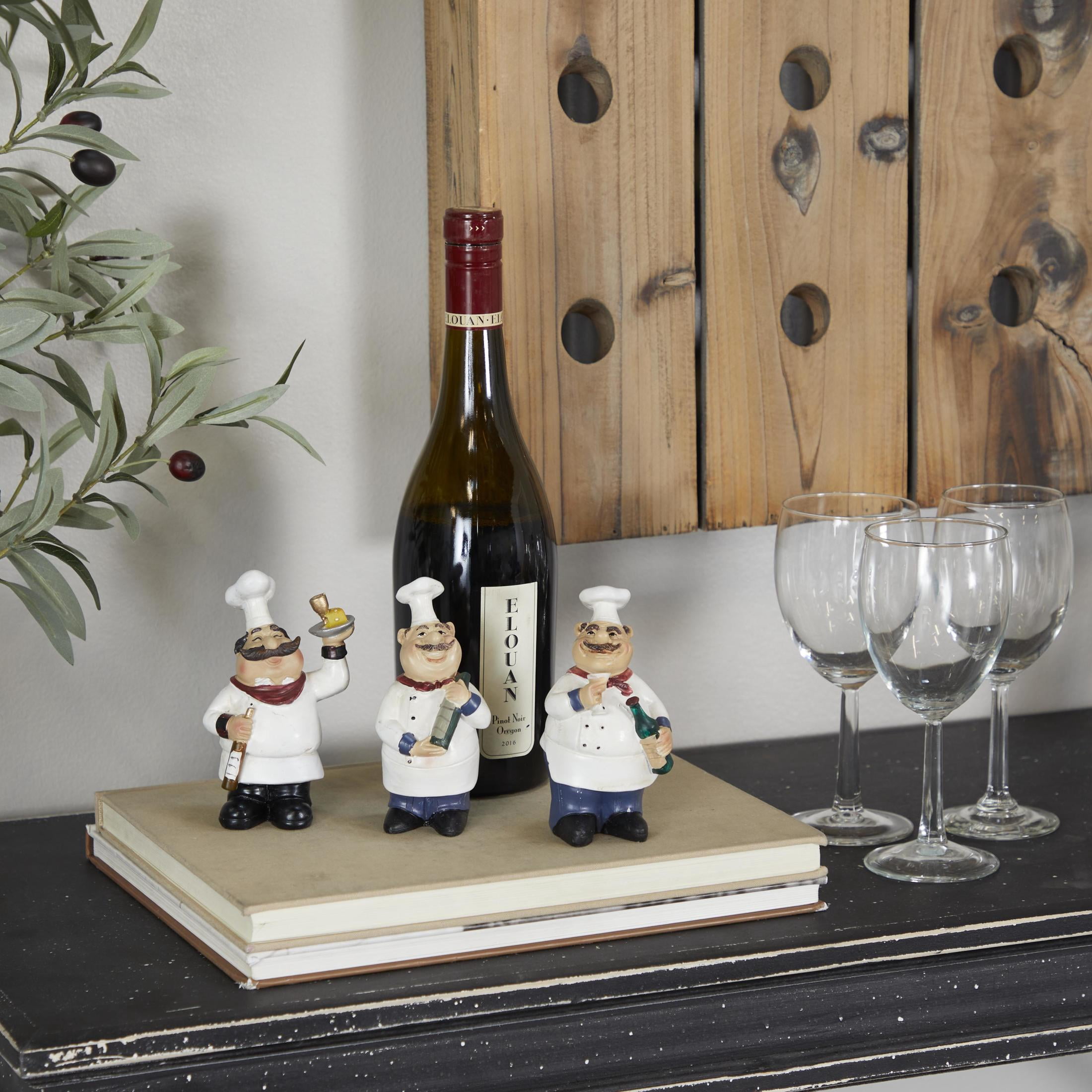 DecMode Polystone Traditional Small-Sized Italian Chef Sculptures 3"W x 5"H, Features a White Chef on a top of a Mason Jar Platform and Two Chefs Hugging Wine Bottles