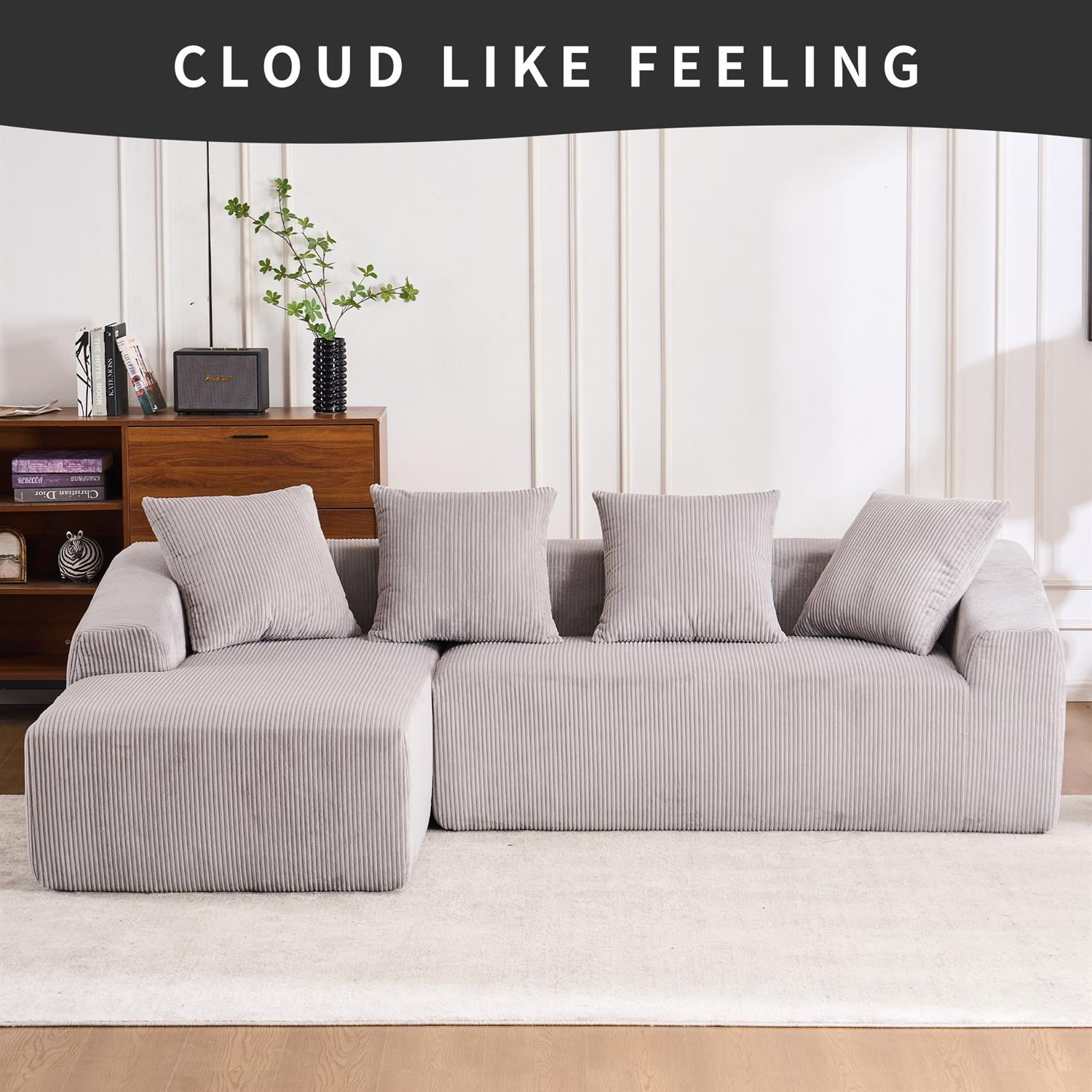 Demi Bonn 101" Corduroy Compression Sofa with Chaise Lounge, 3-Seater Couch with Full Sponge Cushion & 4 Pillows, Ideal for Living Room, Light Gray