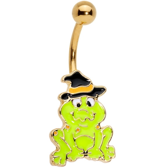 Body Candy Womens 14G PVD Steel Navel Ring Piercing Ghastly Green Frog Witch Hat Belly Button Ring