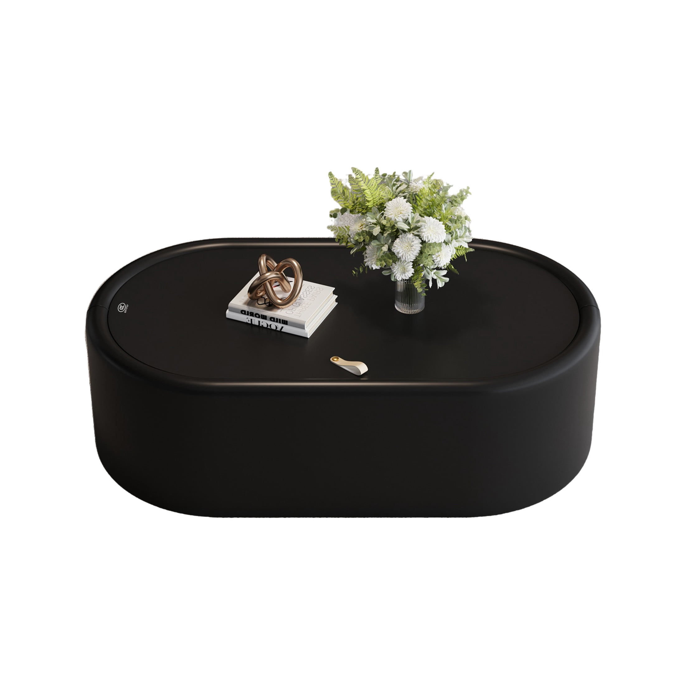 Noble House Morade 33.5" Fluted Curved Rectangle Storage Coffee Table with Glass Top & Leather Wrapped for Living Room, Black