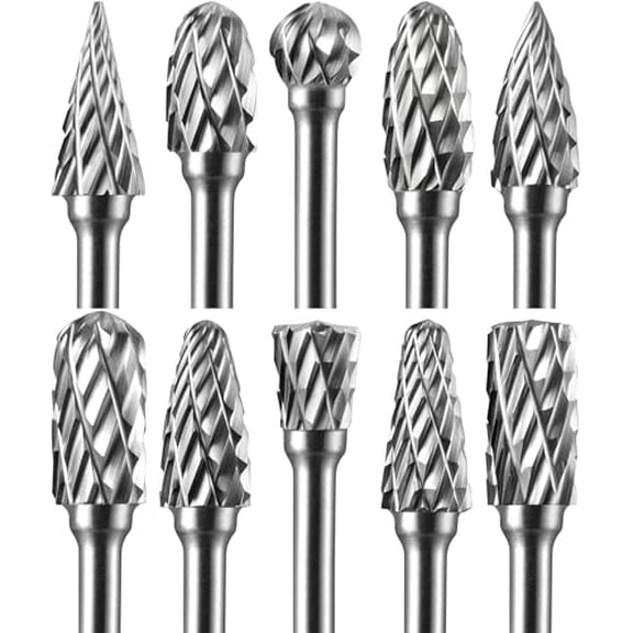 10 Pcs Carbide Burr Set 1/8" Shank Compatible with Dremel Milwaukee Bits Rotary Tools Attachment Kit Rasp Drill File Accessories Metal Wood Stone Steel Grinding Carving Cutting Engraving