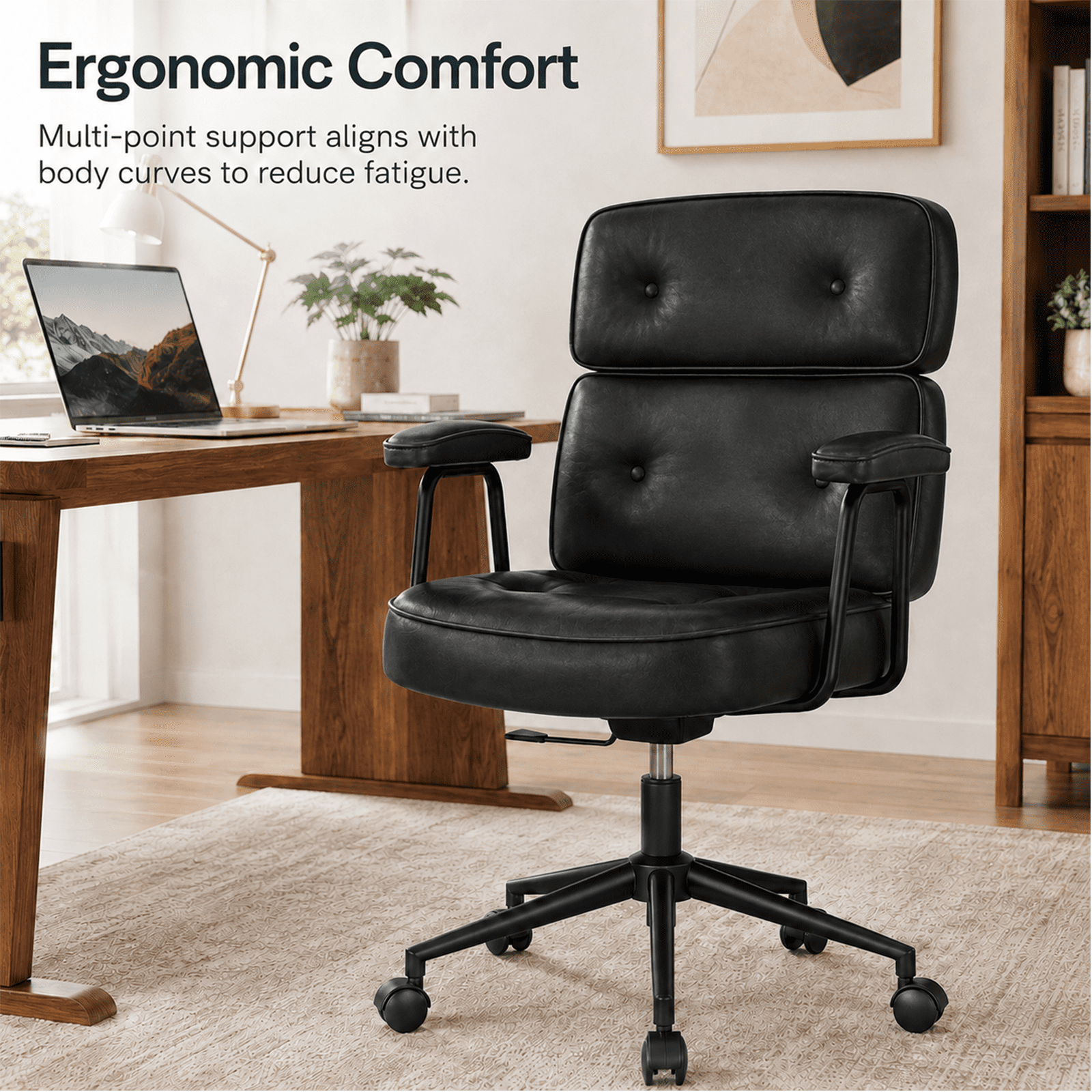 Alvantor Ergonomic Office Chair, PU Leather Computer Chair Lumbar Support, Adjustable Height, Rolling Swivel, Executive Task, Padded Armrests for Vanity, Study