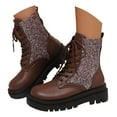 thumbnail image 1 of Pandaie Rhinestone Combat Boots Women Military Motorcycle Riding Booties Platform Lace up Chunky Heel Ankle Boots Brown 8.5, 1 of 8