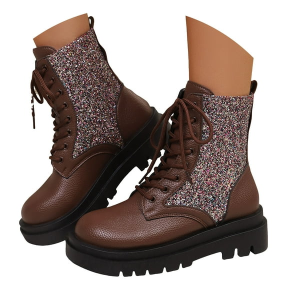 Winter Fall Sequin Platform Mid Calf Combat Boots for Women Christmas Leather Sparkly Chunky Riding Ankle Booties