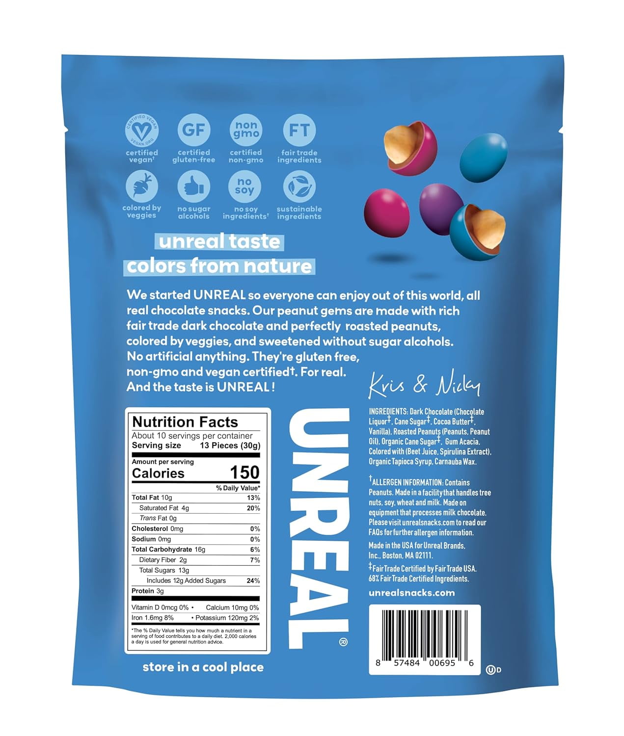 UNREAL Dark Chocolate Covered Peanut Gems Candy, 5oz (4 Pack)