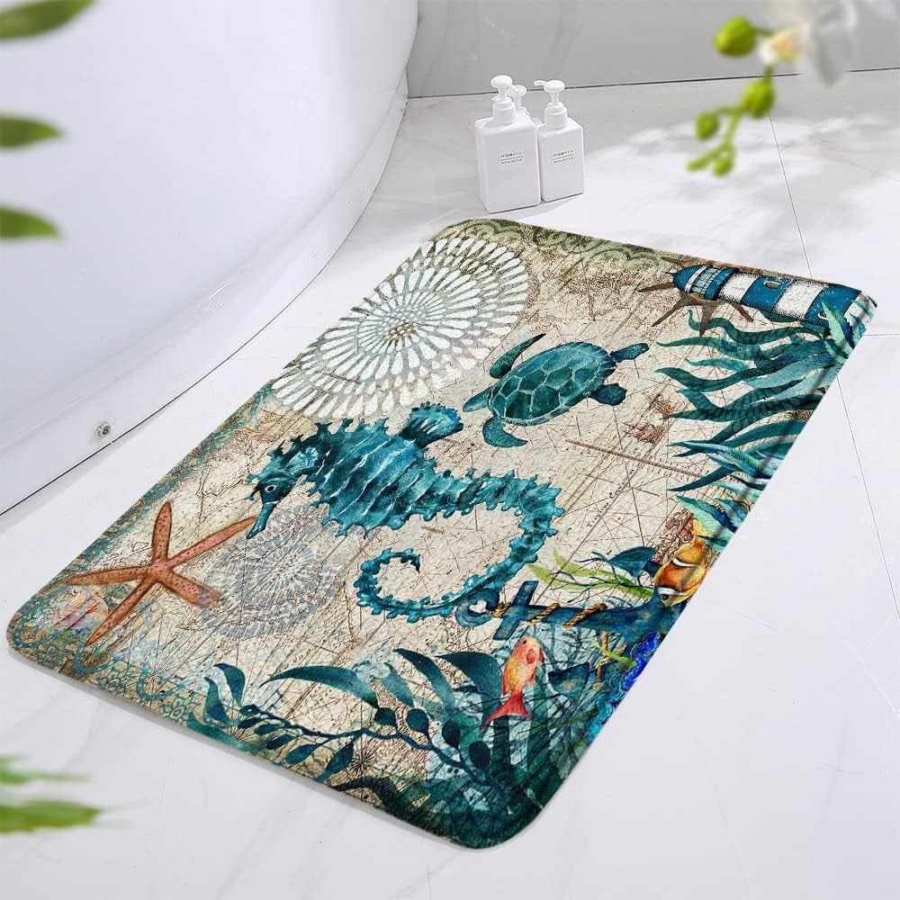 Sea Turtles Bath Rug - Non Slip Shower Mat 16x24 Inches, Coral Velvet Bathroom Decor With Anti-Skid Bottom, Nautical Theme