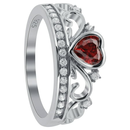 - 925 Sterling Silver Garnet Heart Cubic Zirconia Crown Ring