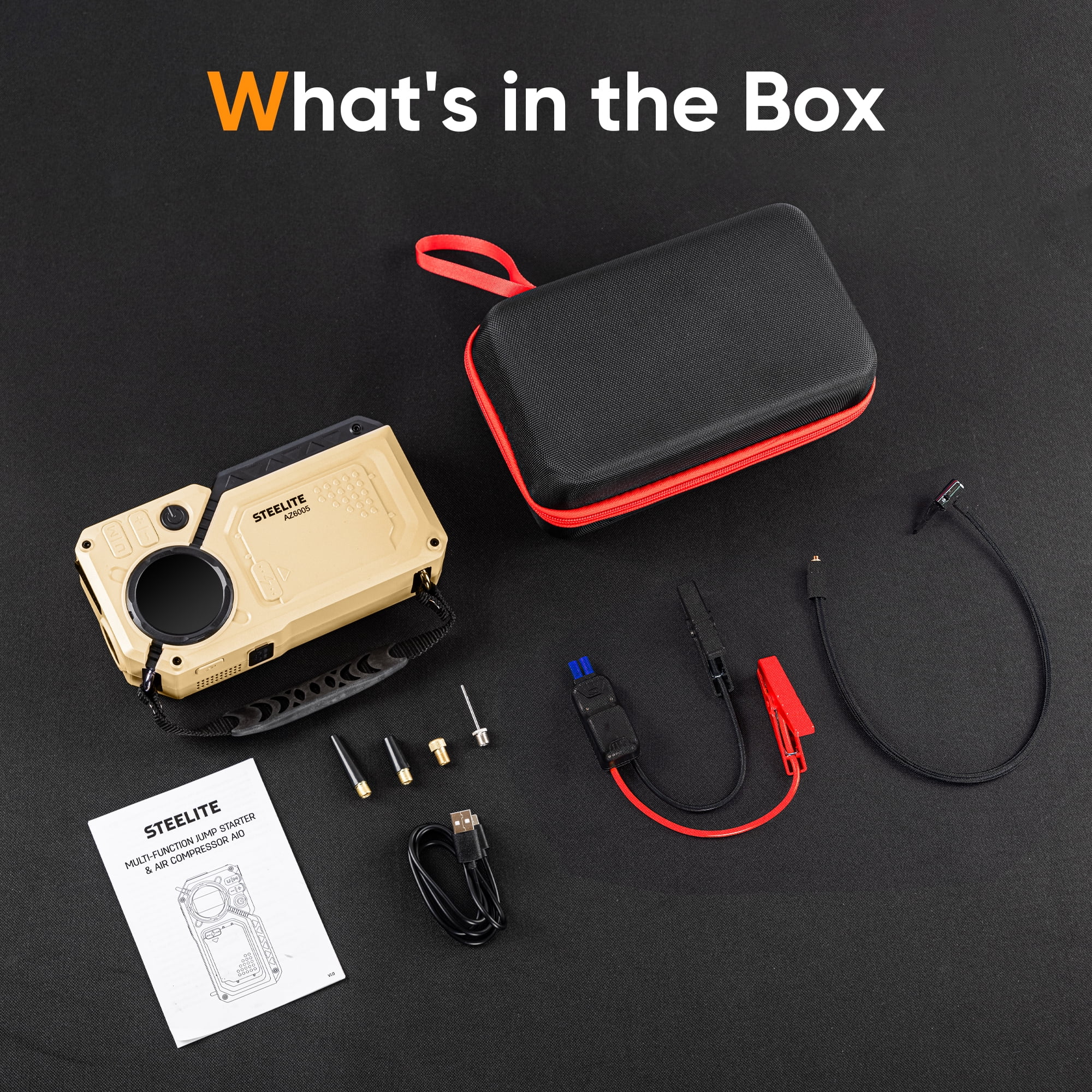 Steelite 6000A Car Battery Jump Starter with Air Compressor 150 PSI,  Powerful Car Jump Starter (All Gas/12L Diesel), 12V Jump Box with USB Quick Charge,7-in-1 Jump Starter Power Bank