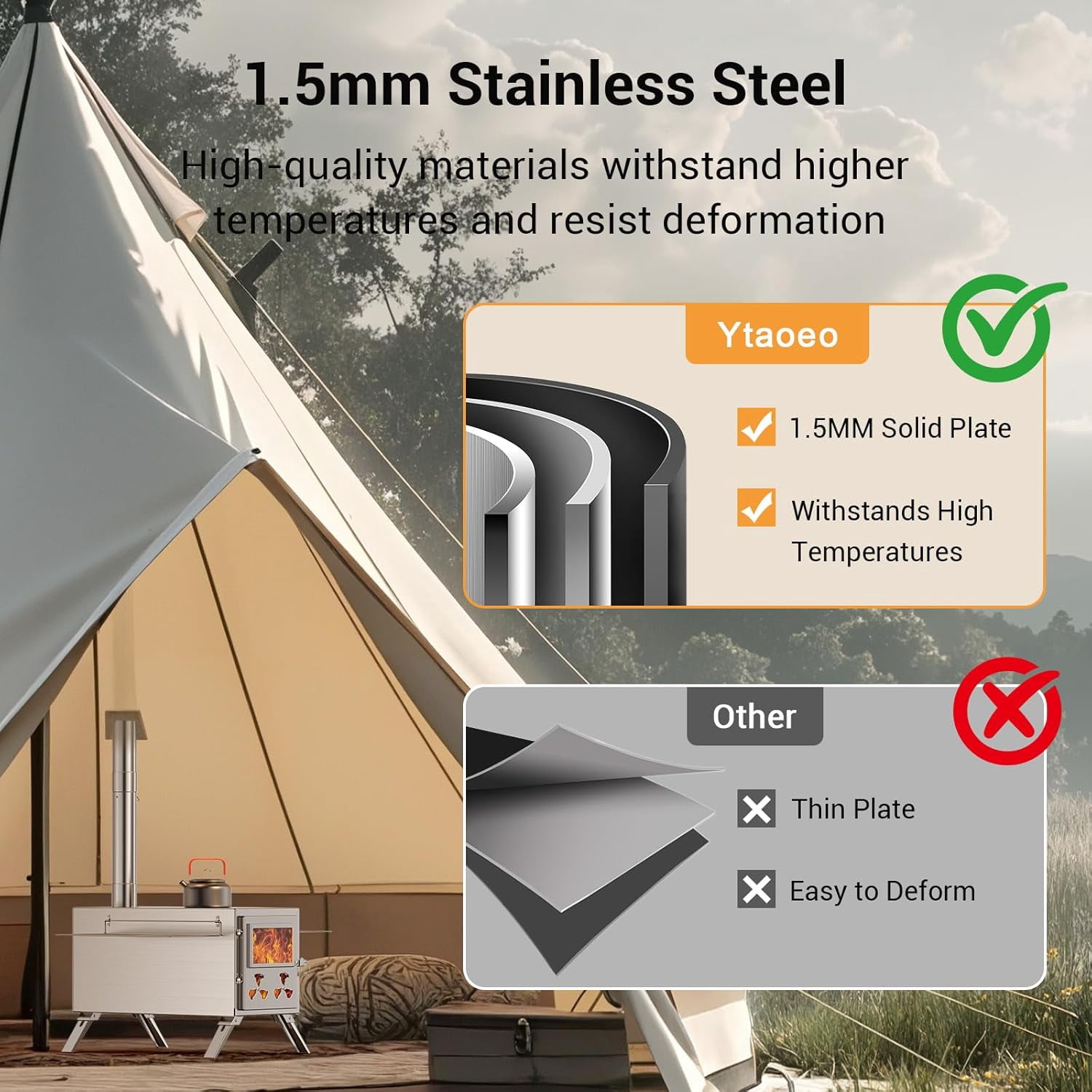 SLSY Hot Tent Stove, Camping Wood Stove for Tent, Portable Stainless Steel Wood Burning Stove with 7 Chimney Pipes for Wall Tent Camping, Cooking, Hunting, Boiling Water，Ice Fishing - Large