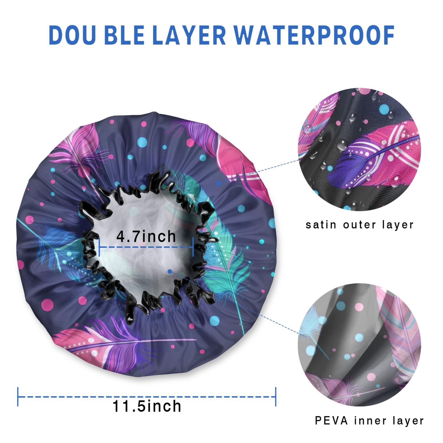 Shower Caps,Neon Feather with Dots Pattern Waterproof Shower Cap for Women 4 Pieces,Double Reusable Hair Cover for Shower PEVA Elastic Stretch Hem