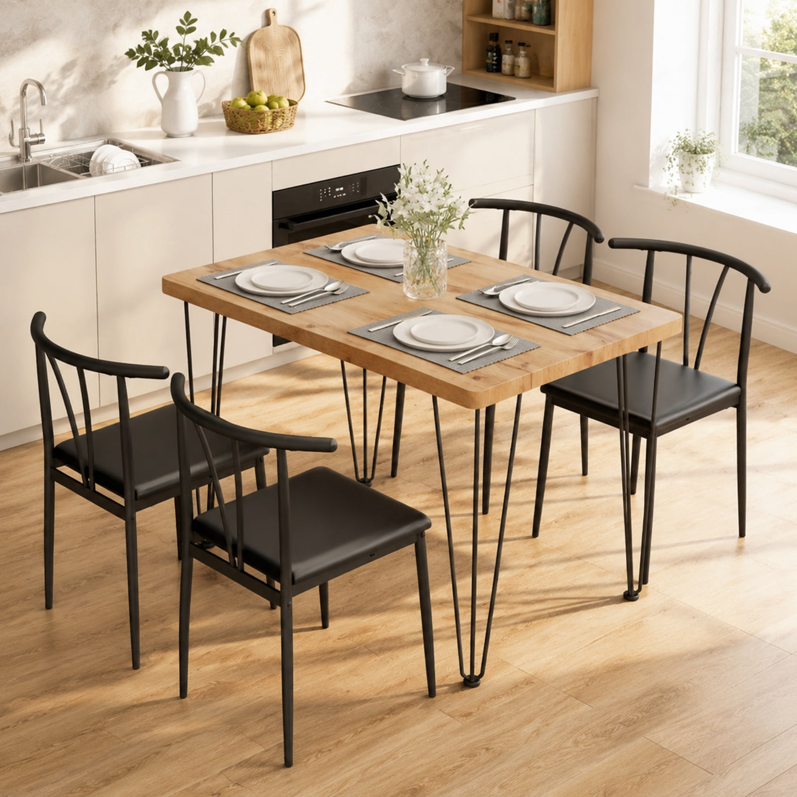 Furnibear 5 Piece Space Saving Industrial Dining Table Set for 4 with Armless PU Leather Chairs and Metal Legs for Kitchen, Black