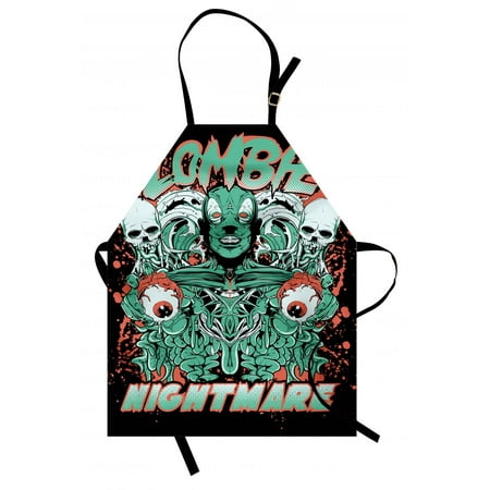 Zombie Apron Retro Style Nightmare with Skulls Ghost Characters Wild Illustration, Unisex Kitchen Bib Apron with Adjustable Neck for Cooking Baking Gardening, Jade Green Salmon Black, by