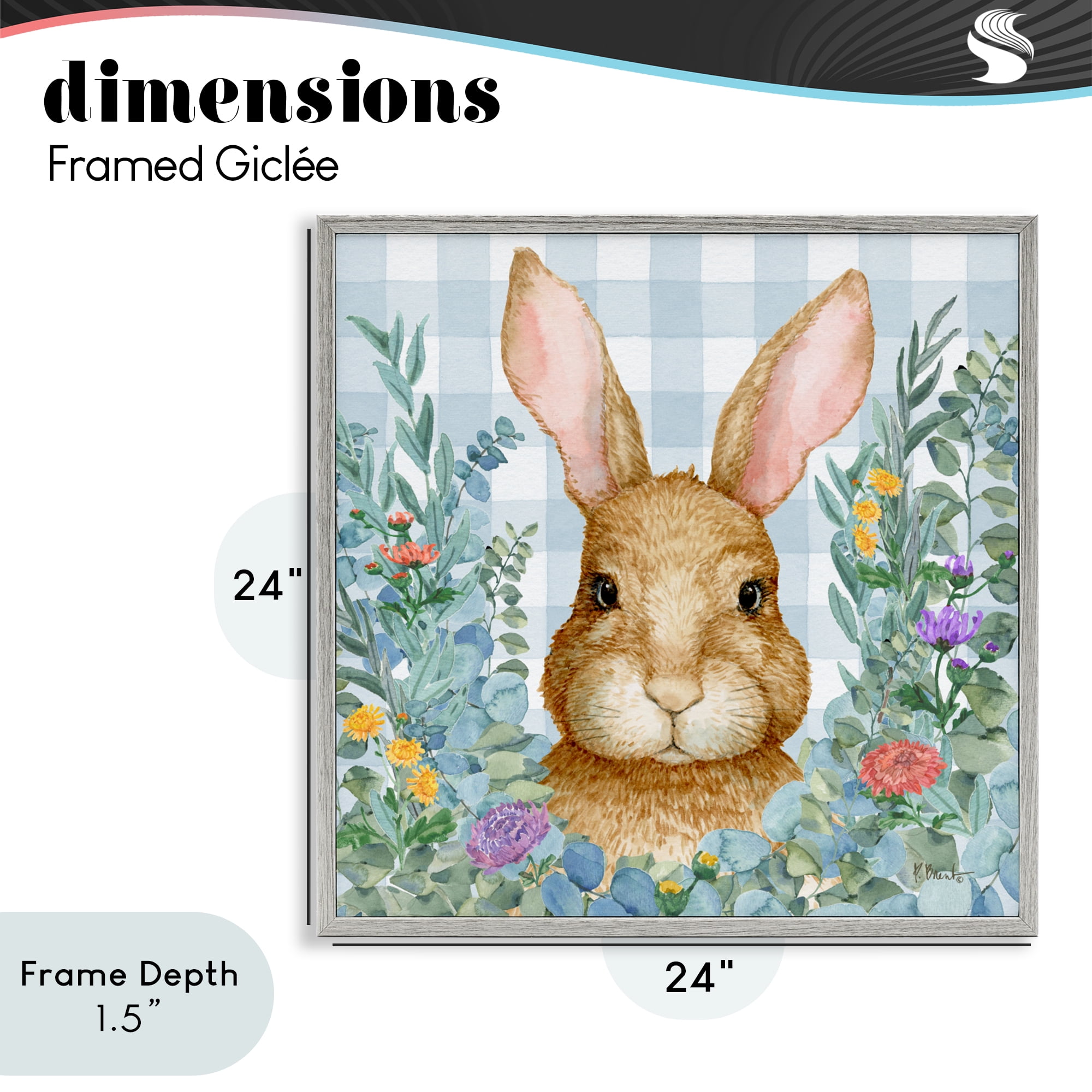 Stupell Industries Rabbit Laurel on Gingham Gray Framed Giclee Art, design by Paul Brent