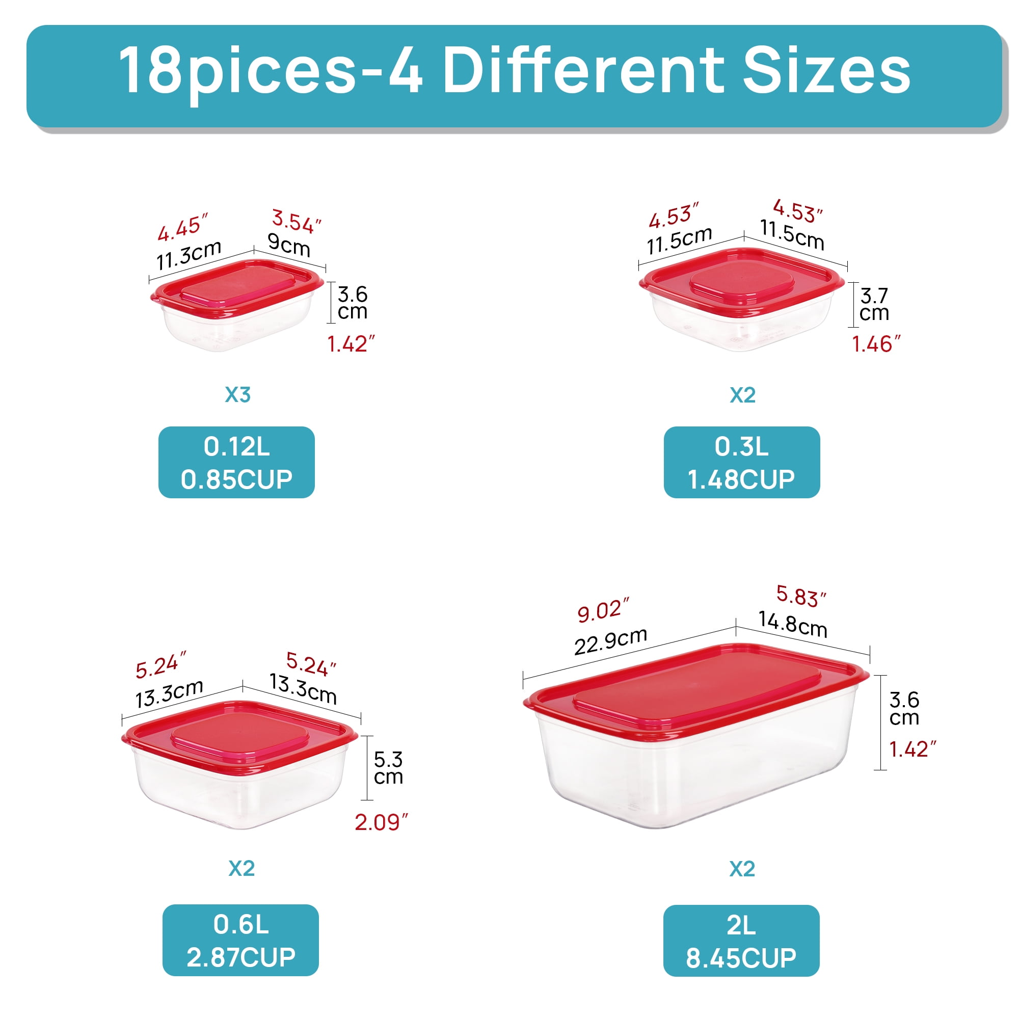 Sindcom 18 Pieces Meal Prep Containers, 4-Size ，Plastic Containers with Lids for Lunch,Leftover