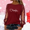 thumbnail image 2 of CheerKidz Women Sheer Mesh Sleeve Top With Paw Print Heartbeat Graphic Casual Comfortable Long Sleeve Round Neck Blouse Fashion Daily Wear T Shirt for Ladies(Red,L), 2 of 7