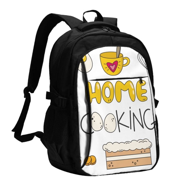 balery home cooking mochila con carga usb para hombre y mujer - mochila impermeable y antirrobo para portátil con puerto usb para viajes, trabajo, estudios y universidad mochila con panel frontal estampado 'HOME COOKING', vista 3/4 frontal en poliéster resistente al agua, correas acolchadas, bolsillo lateral de malla, cremallera oculta antirrobo, funda acolchada para portátil 15.6 pulg., dimensiones 45 x 34 x 21 cm, capacidad 20-30 L, puerto USB externo (no incluye batería).