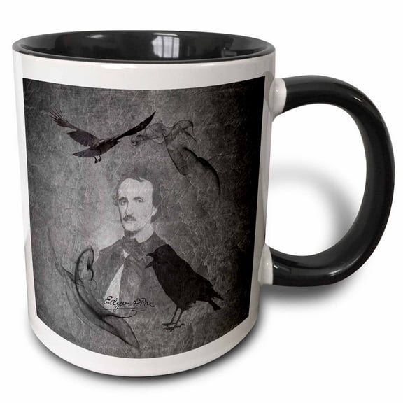 3drose, Showing E. A. Poe with His Novel -the Raven-, 11oz Two-tone Black Mug
