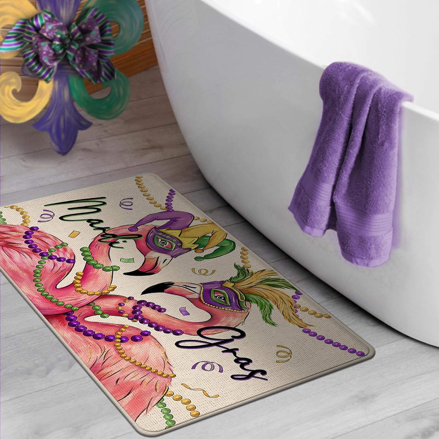 Mardi Gras Flamingo Decorative Front Door Mat, Mask Feather New Orleans Carnival Doormat Indoor Outdoor Non-Slip Floor Entryway Rug, Beads Masquerade Holiday Home Kitchen Decoration 17x30 Inch