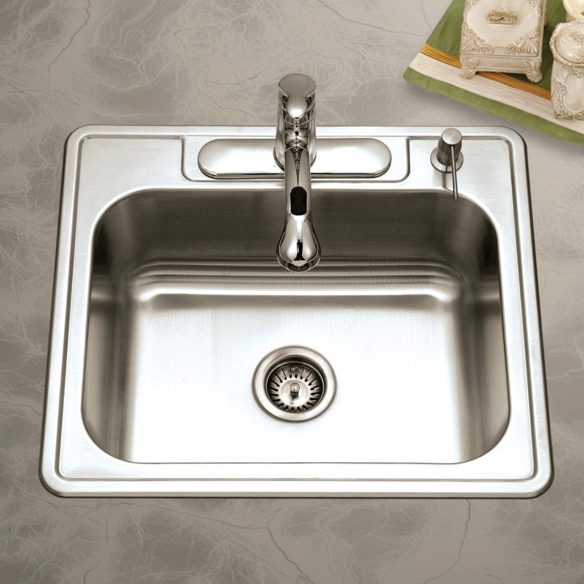 Houzer Glowtone 25 inch Stainless Steel Drop-in Topmount 3-hole Single Bowl 8 inch Deep Kitchen Sink - 2522-8BS3-1