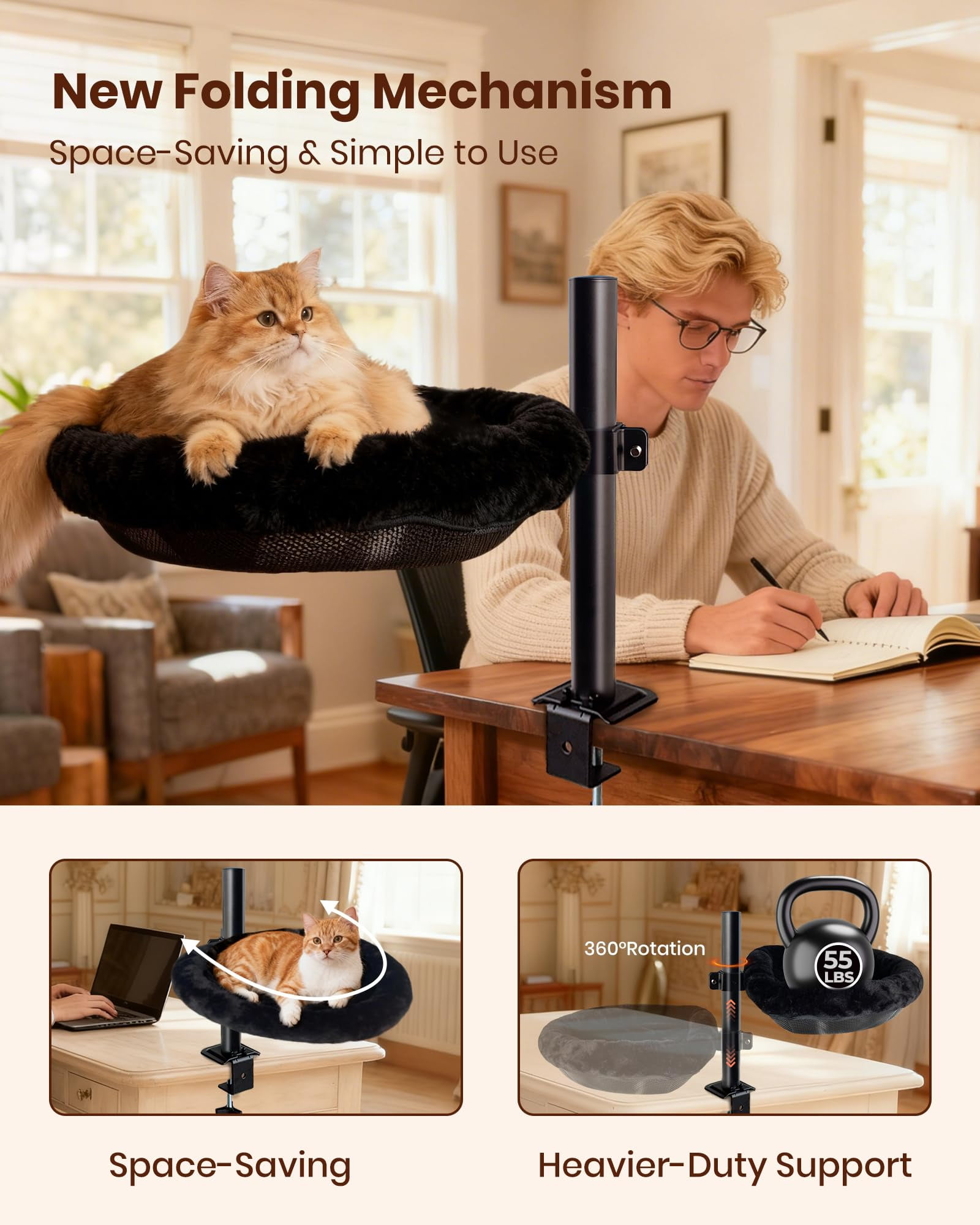 L&W BROS. Space-Saving Up & Down Foldable Cat Desk Hammock - Semi-Circle, 55lb Capacity for Large Cats, 360° Swivel, Machine Washable Plush Fleece Cover for Gaming Desks