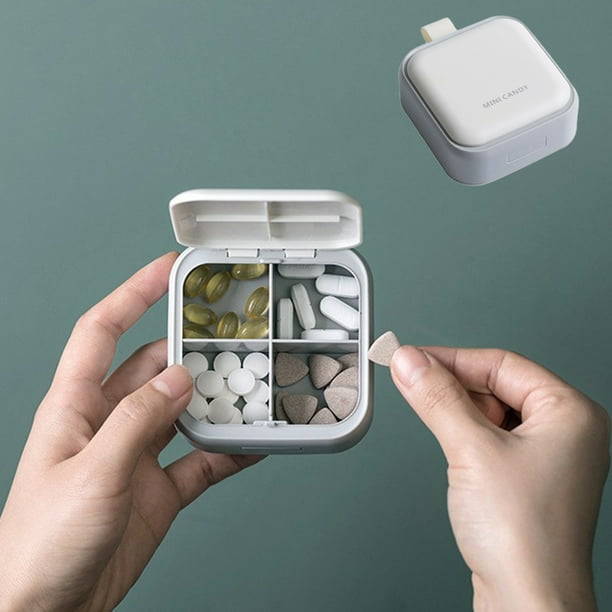Caja portátil organizadora de vitaminas - Caja de pastillas de 4 compartimentos, sellada y aislada para viajes, trabajo y uso exterior - Tamaño compacto (8,5x7x3cm) - Blanco, rosa, verde, amarillo