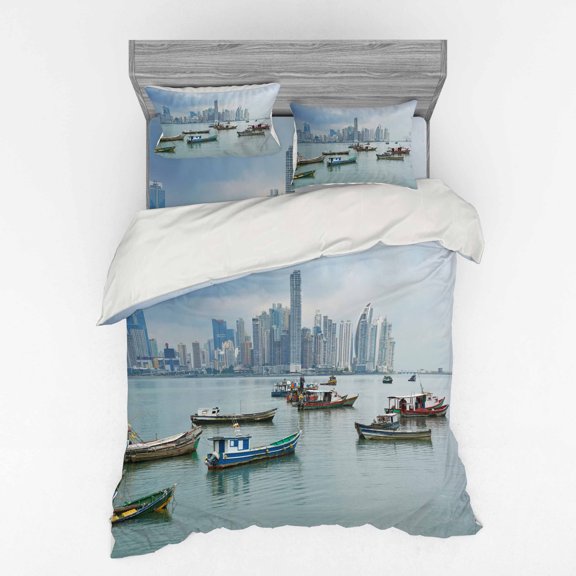 Ambesonne Landscape Bedding Set 4 Pcs, Fishing Boats Panama, Queen, Multicolor