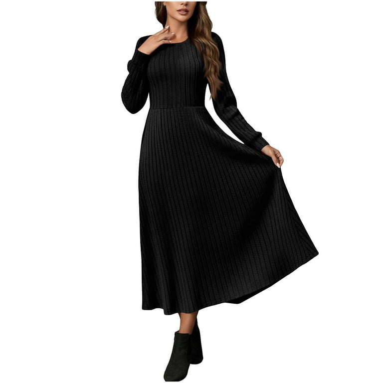 Xuniizn Long Sleeve Dresses for Women Solid Crewneck Casual Slim Maxi Winter Dress Stretchy Soft Comfortable Rib Knitted Workwear Dress, S-2xl,