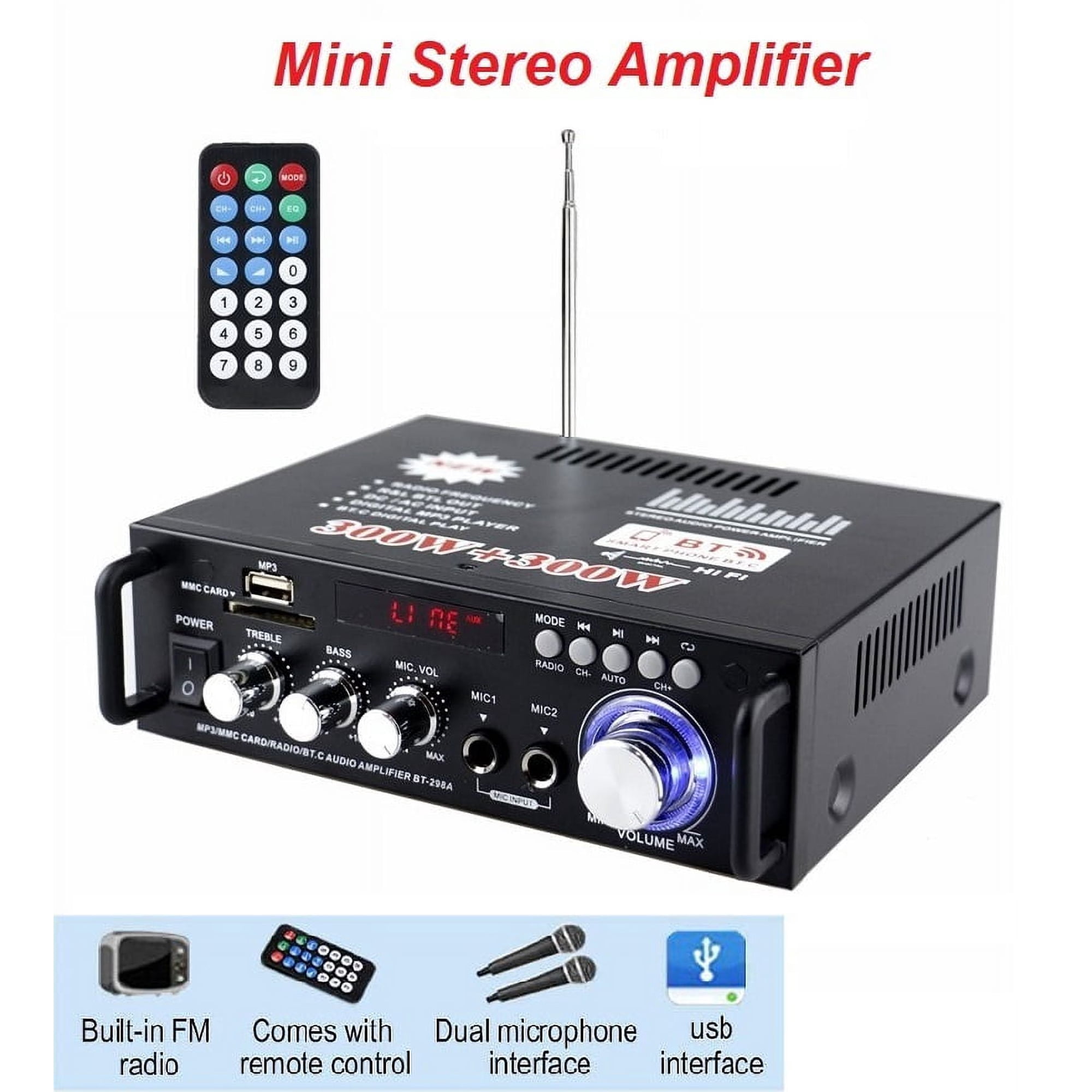 Home Audio Receivers & Amplifier 300W+300W 2 Channel Wireless Blue tooth 5.0 Power Sound Receiver Mini Home Theater Speaker Support USB,SD Card,FM Radio,12V 110V, Black
