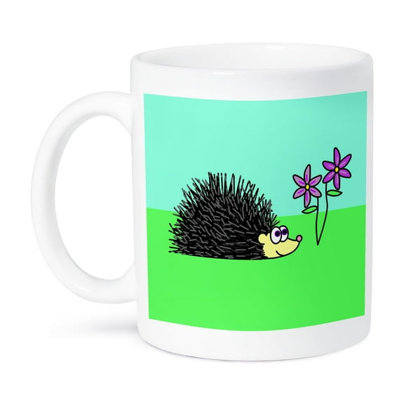 3dRose, Hedgehog and Purple Flowers, 15oz Mug