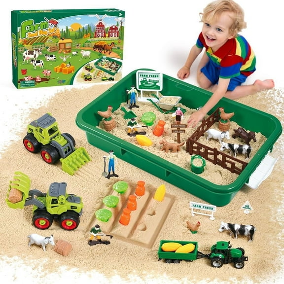 Sand Farm Sensory Bin, 2.2lb Play Sand Play Farm Animal Toys, Farm Animal Figures, Truck Trailer Playset, Kids Magical Sensory Sandbox Gift for Toddlers 3 4 5 6 7 8
