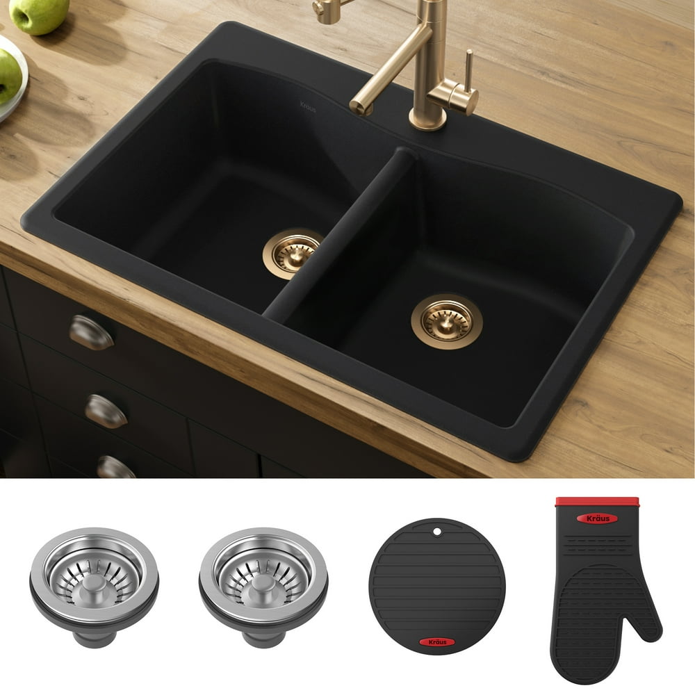 KRAUS Forteza 33 Dual Mount 50/50 Double Bowl Granite Kitchen Sink in