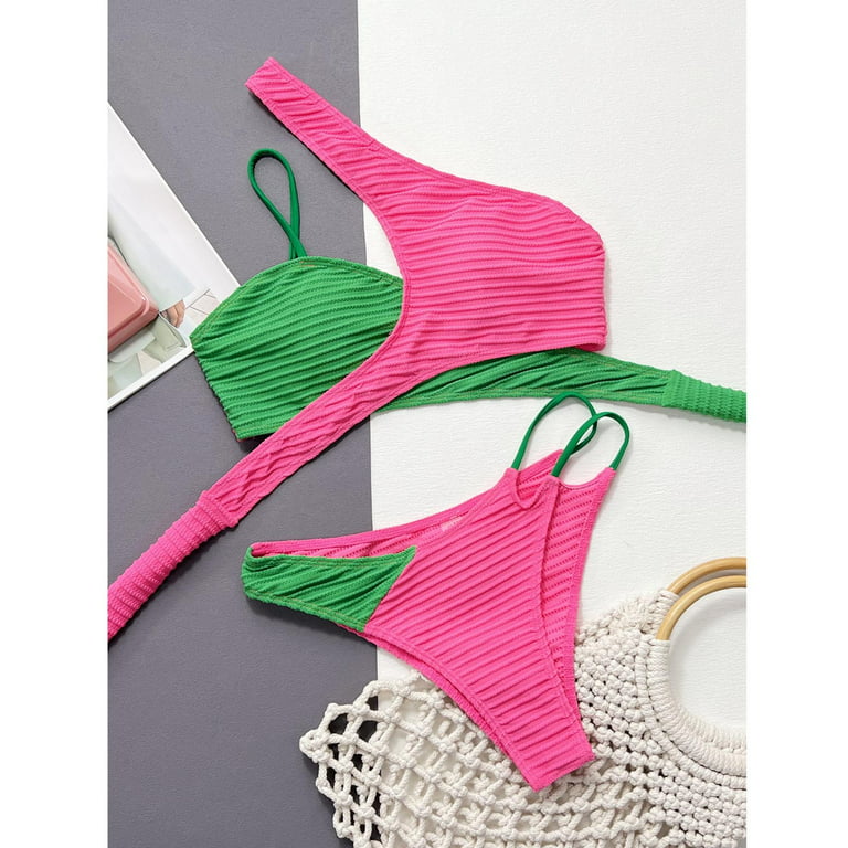 JGGSPWM Women Neon Color Block Swimsuit 2 Piece Tankini Sleeveless Bikini  One Shoulder Off Swimwears Fancy Beachwear Patchwork Bathing Suit Hot Pink S