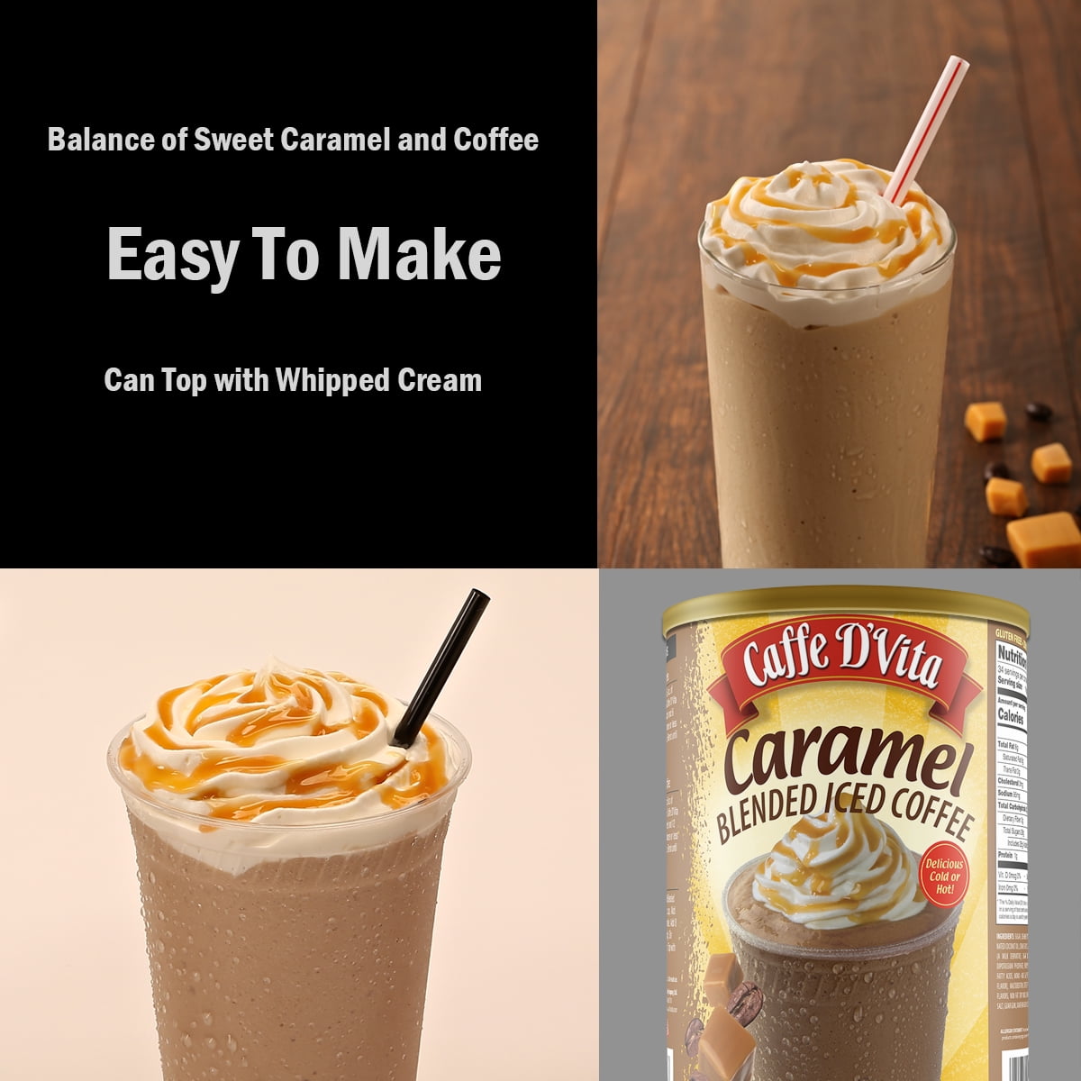 (4 Pack) Caffe D'Vita Caramel Latte Blended Iced Coffee, 48 oz Canister Powdered Drink Mix