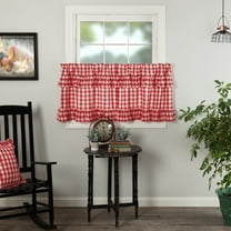 VHC Brands Annie Buffalo Check Cotton Farmhouse Kitchen Curtains Rod Pocket Hanging Loops Ruffling 24x36 Tier Pair, Red Country