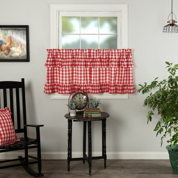 VHC Brands Annie Buffalo Check Cotton Farmhouse Kitchen Curtains Rod Pocket Hanging Loops Ruffling 24x36 Tier Pair, Red Country