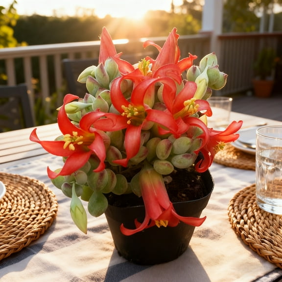 Vibrant Red Flowering Succulent (Cotyledon Orbiculata Var.) - Unique Indoor/Outdoor Plant, Easy Care, Eye-Catching Foliage & Blooms for Home Garden Décor