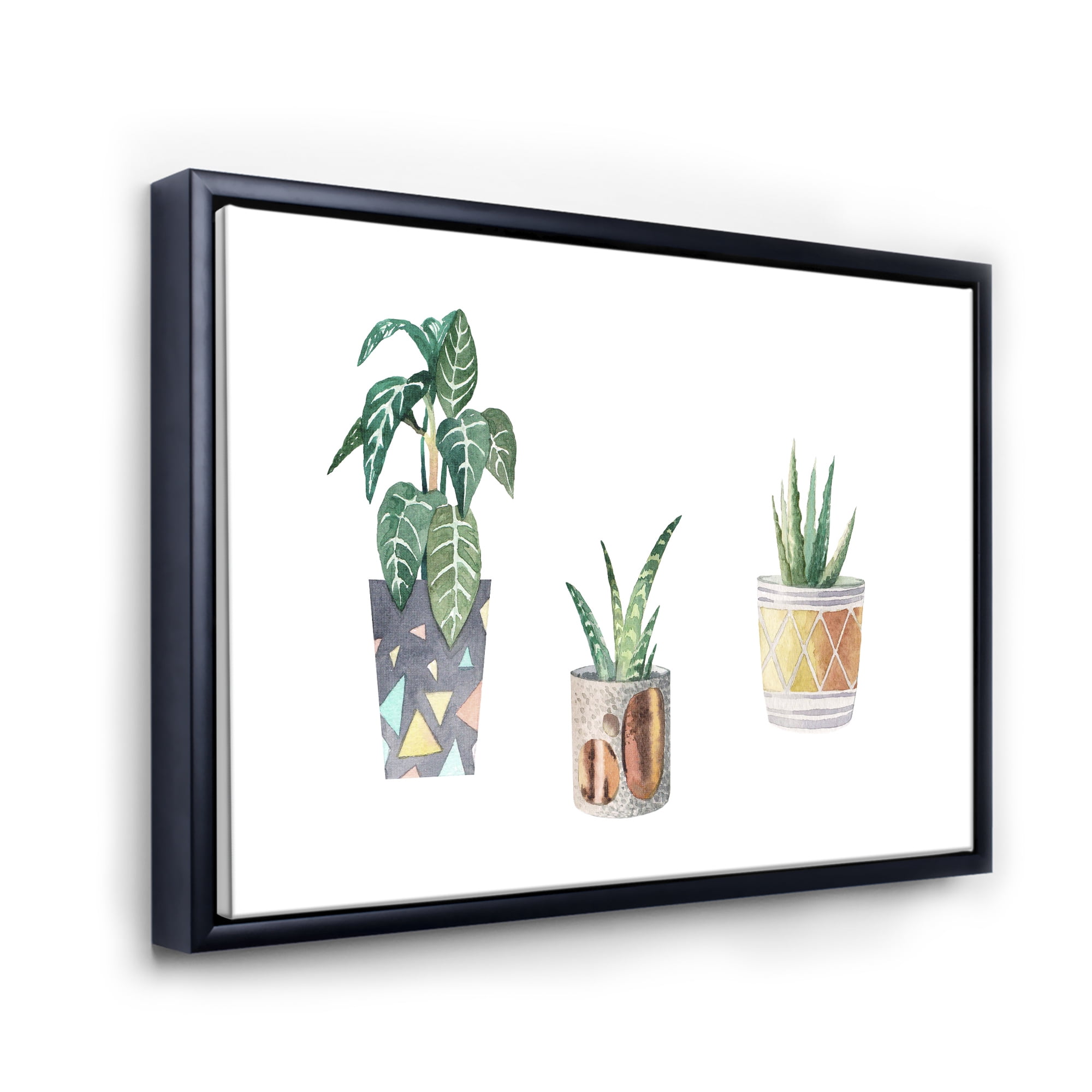 Designart 'Three Potted Houseplants On White' Traditional Framed Canvas Wall Art Print