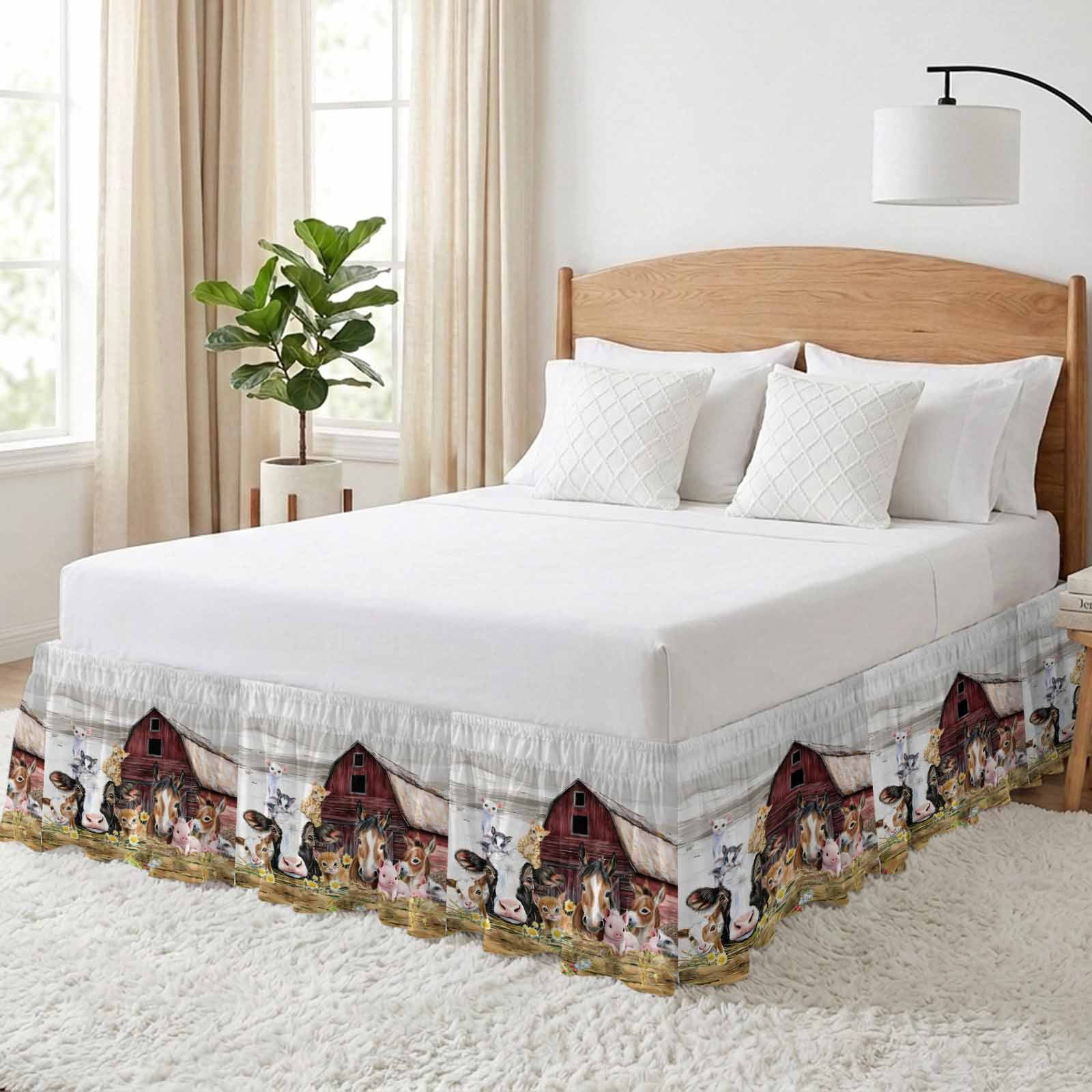 Farmhouse Animals Bed Skirt Queen Size, Cow Pig in Fence Retro Wood Barn Wrap Around Bed Skirting with Adjustable Elastic Strap, Dust Ruffle Pleated Bedskirts 16 Inch Drop for Bedroom Queen Beds