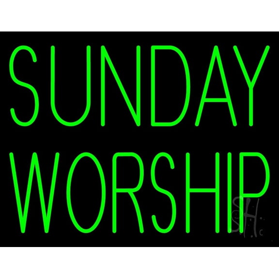 Green Sunday Worship LED Neon Sign 15" Tall x 19" Wide - inches Black Square Cut Acrylic Backing, with Dimmer - Premium built indoor Sign for Home décor, Event, Religious place, Store interior.