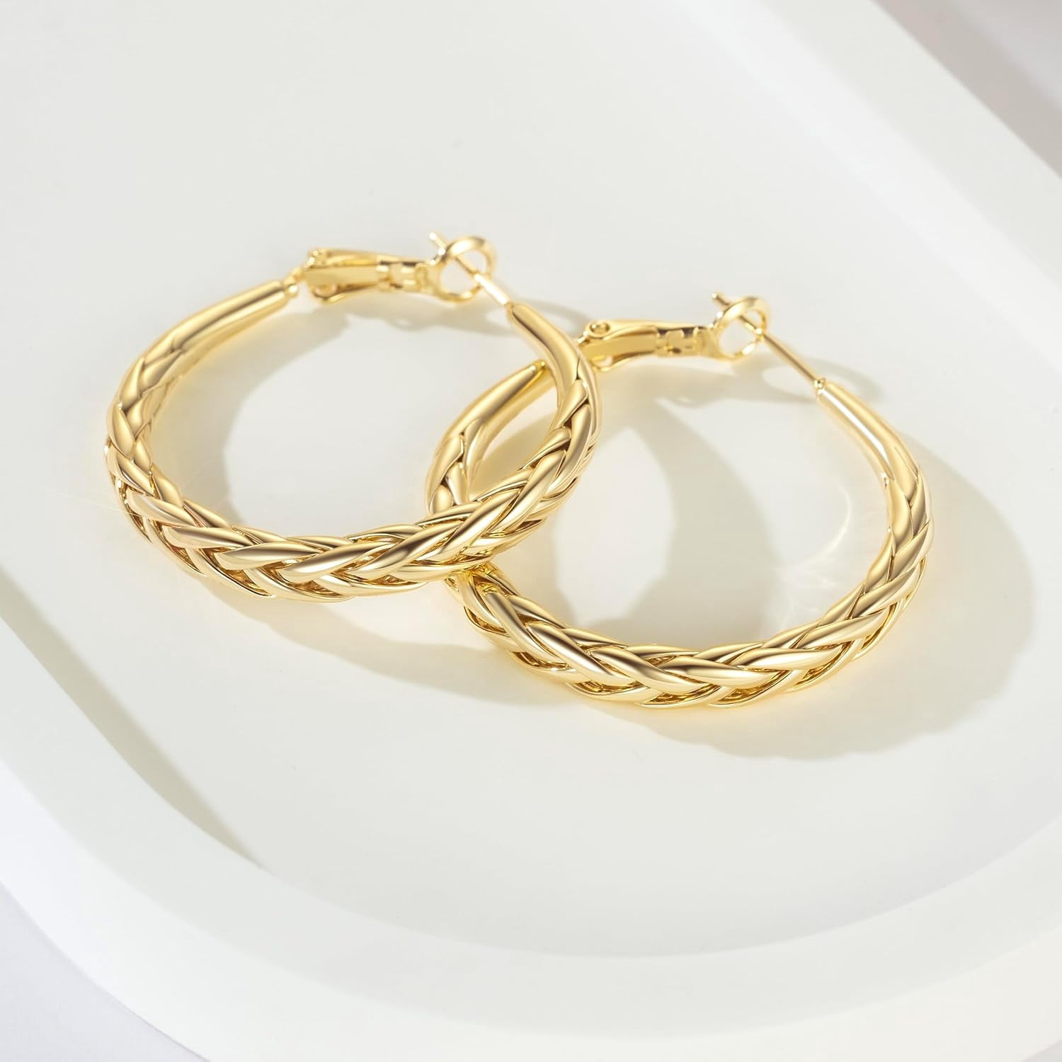 14K Gold Hoop Earrings for Women Large 35mm Intricate Weave Design 14K Gold Hoop Earrings Lightweight Gold Plated Earrings for Women Elegant Drop Hoops Secure Closure