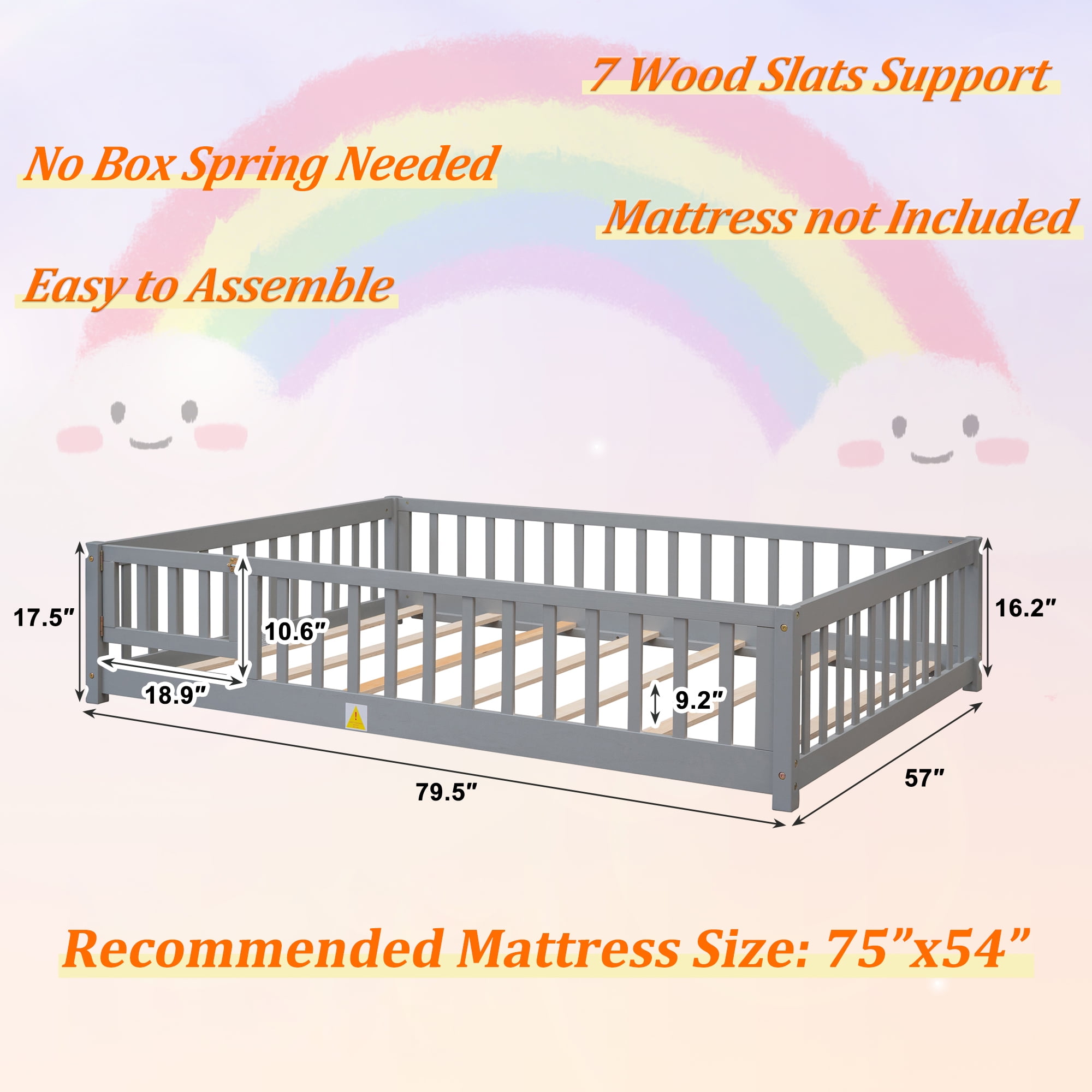 UHOMEPRO Full Size Floor Bed with Door and Fence for Kids, Toddler Bed Montessori Floor Bed with Slats and Safety Guardrails, Solid Wood Full Bed Frame for Girls Boys Kids Bedroom, Gray