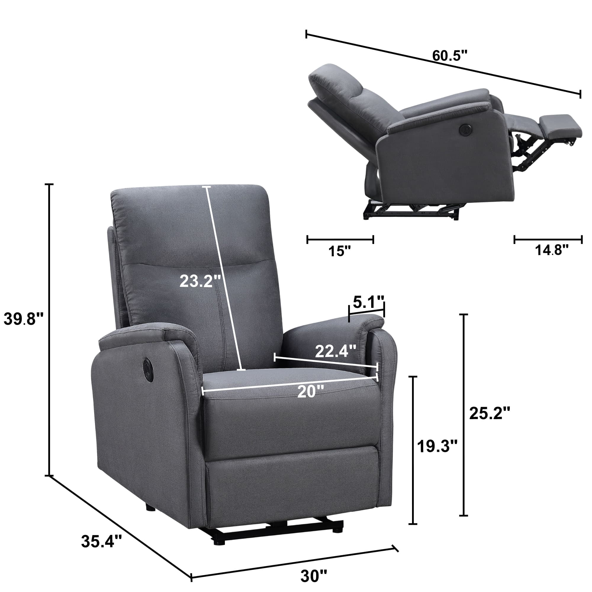 MAYEERTY Power Recliner Single Chair with USB Charge Port for Bedroom & Reading Room, 35*30*40"Gray