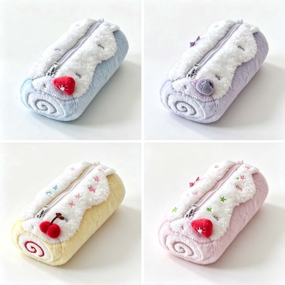 WWC Cute Barrel Pencil Case, Large Capacity Plush Crepe Roll Cake Pencil Pouch, Soft Fluffy Pencil Box Back to School Supplies for Kids