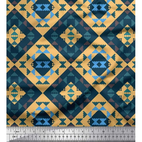 Soimoi Orange Japan Crepe Satin Fabric Check & Geometric Print Fabric by Yard 42 Inch Wide