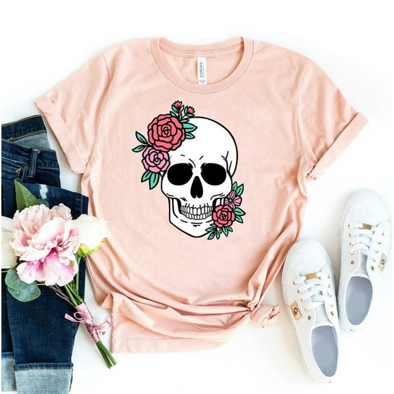Floral Skull T-shirt Blossom Shirt Halloween Tee Women Top Skeleton Gift Boho Collection Humorous Funny Graphic Gifts For Flower Fall Christmas