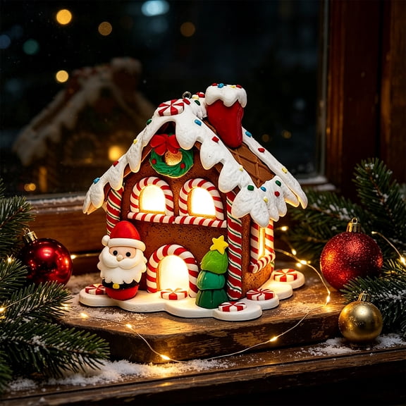 Lighted 3D Gingerbread House Christmas Ornament with Warm Glow, Candy Cottage Decoration for Christmas Tree Hanging and Tabletop Display, Festive Holiday Village Decor for Mantel Shelf Window
