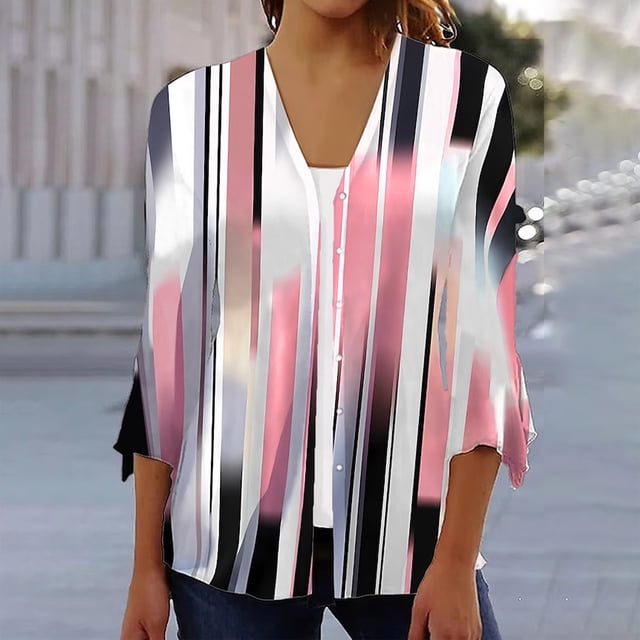 ICHUANYI Clearance Women's V Neck Shirt Graphic Printing Three-Quarter Sleeve Casual Blouse With Button Tops(Pink, XL) ICHUANYI WER2023081508534