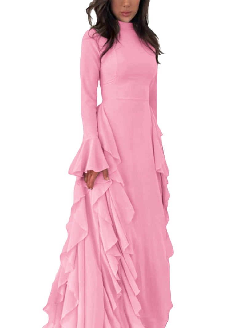 Women'S Bodycon Dresses Elegant Bell Sleeve Ruffle Hem Cocktail Party Long Dress Pink L