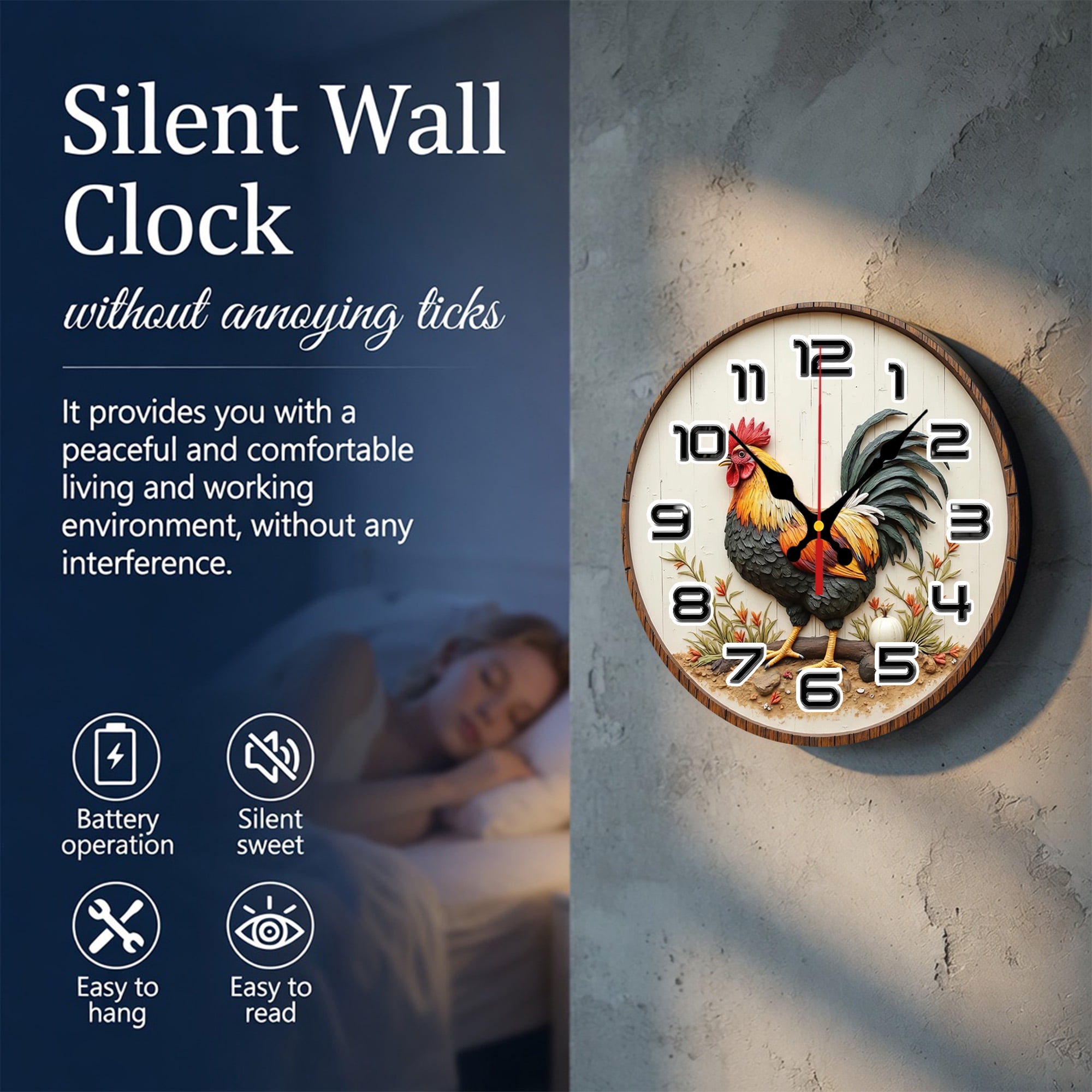 Rooster Farmhouse Wall Clock, Round Wooden Mdf Rustic Chicken Wall Decor Clock For Kitchen Dining Room Home